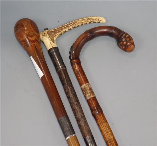 A horse measuring walking stick, stickware walking stick and a silver mounted riding crop